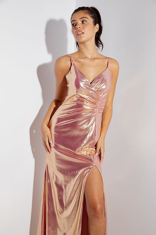 Rose Gold V-Neck Floor-Length Metallic Knit Formal Side Slit Gown Eureka Fashion 9030