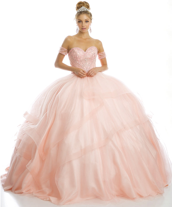 Quinceniera Dresses Glitter Long Beaded Ball Gown Quinceanera Dress Juliet JT1424 Blush