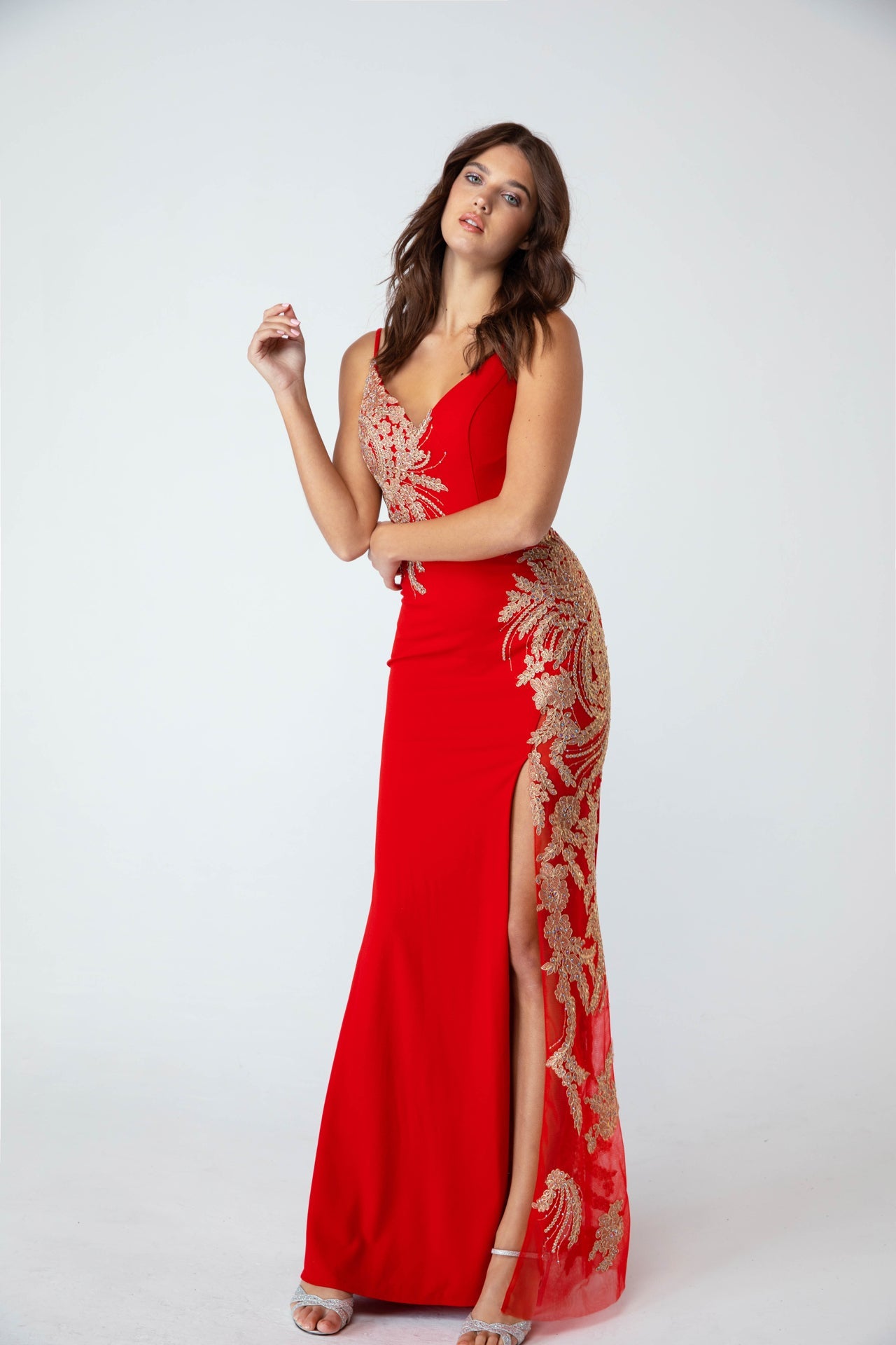 Prom Dresses Long Formal Prom Fitted Slit Dress Eureka Fashion 9996 Red/Gold