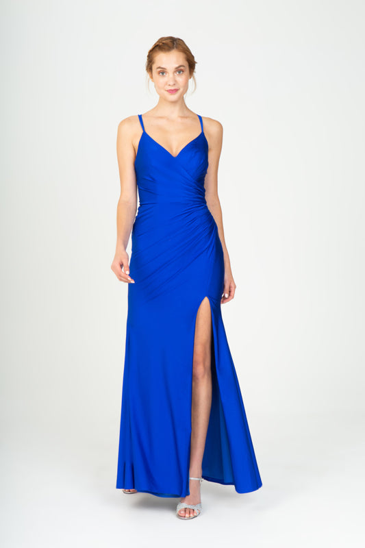 Royal Blue V-Neck Floor-Length Jersey Formal Criss-Cross Back Gown Eureka Fashion 9333