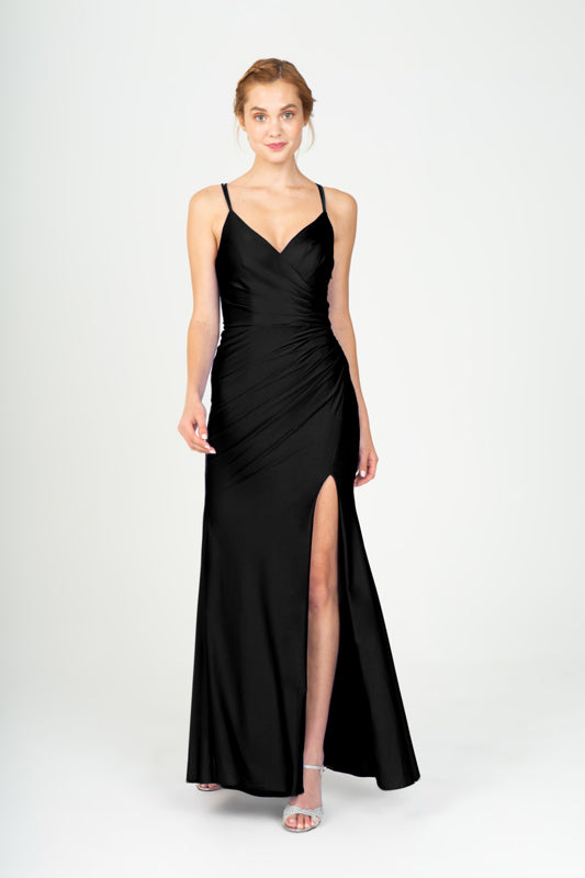 Black V-Neck Floor-Length Jersey Formal Criss-Cross Back Gown Eureka Fashion 9333