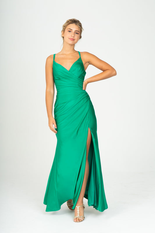 Emerald Green V-Neck Floor-Length Jersey Formal Criss-Cross Back Gown Eureka Fashion 9333
