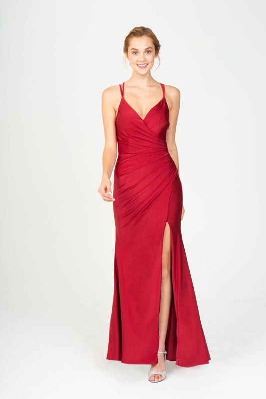Red V-Neck Floor-Length Jersey Formal Criss-Cross Back Gown Eureka Fashion 9333