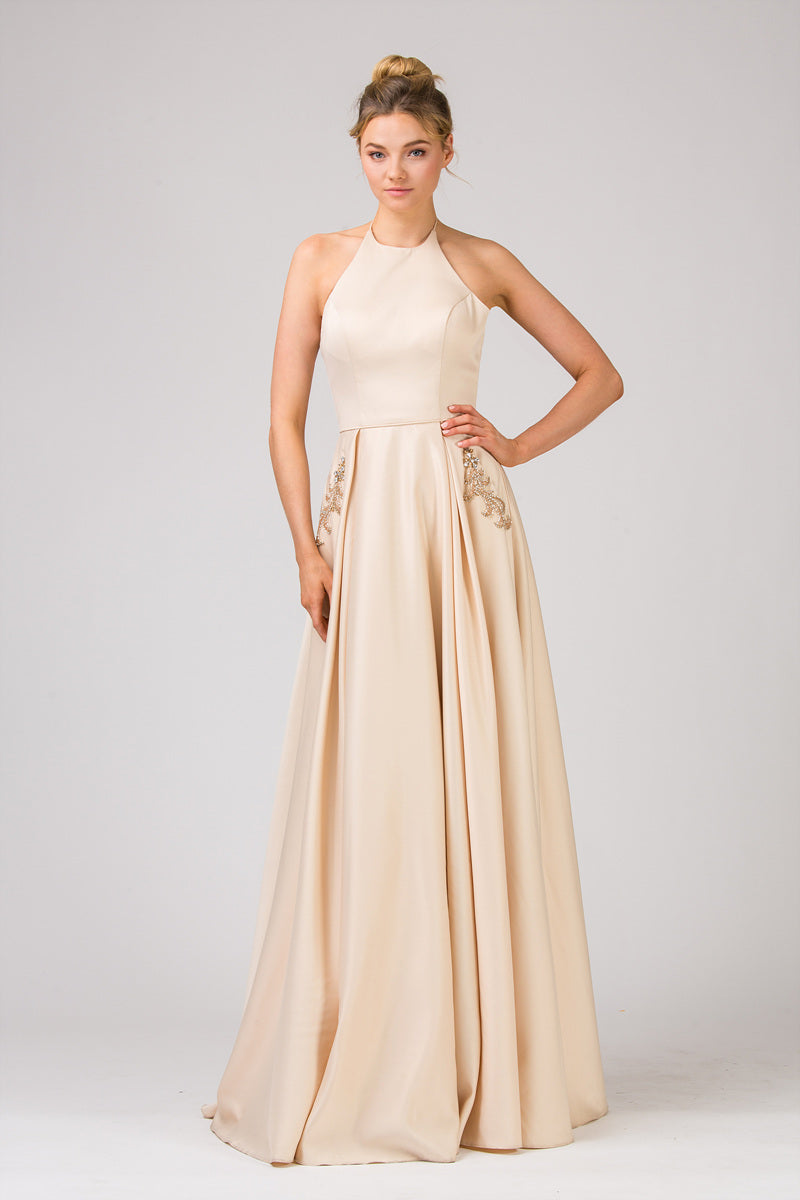 Halter Floor-Length Satin Prom A-Line Eureka Fashion 8822