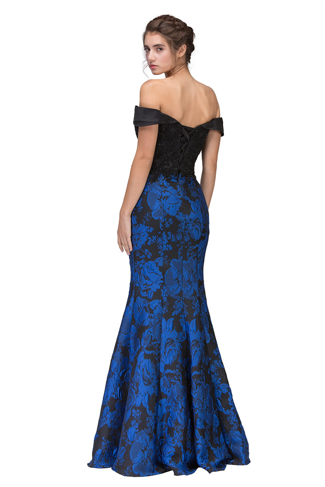 Formal Dresses Long Lace Prom Floral Print Mermaid Formal Dress Eureka Fashion 6222 Black/Royal Flw