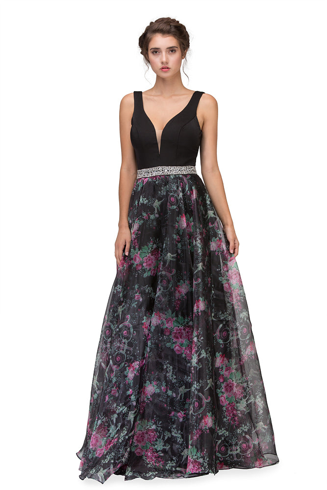Formal Dresses Long Prom Floral Print A line Formal Dress Eureka Fashion 7020 Black Floral Print