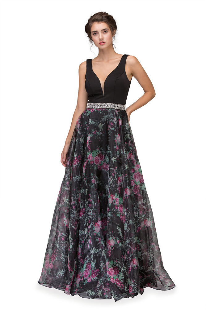 Formal Dresses Long Prom Floral Print A line Formal Dress Eureka Fashion 7020 Black Floral Print