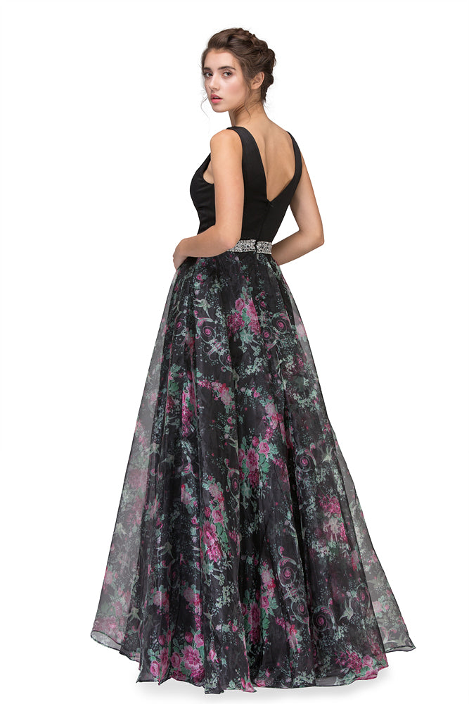 Formal Dresses Long Prom Floral Print A line Formal Dress Eureka Fashion 7020 Black Floral Print