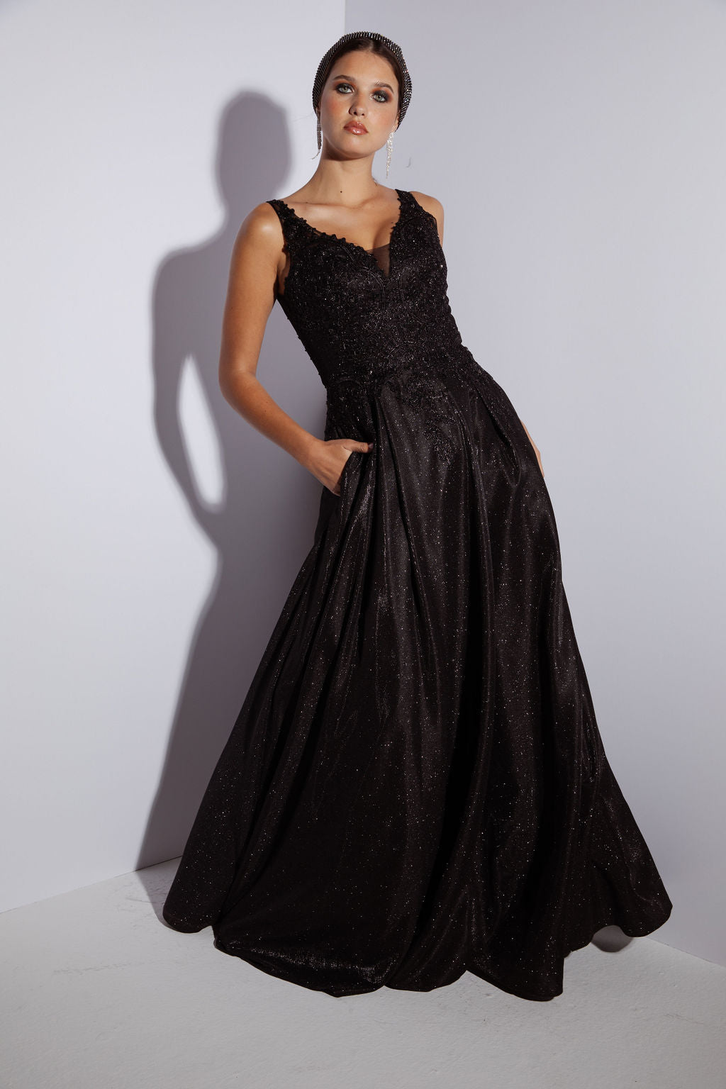 green emerald velvet dress Applique Fitted V-Neck Gown by Eureka 9958 2XL / Slate Blue main image 0