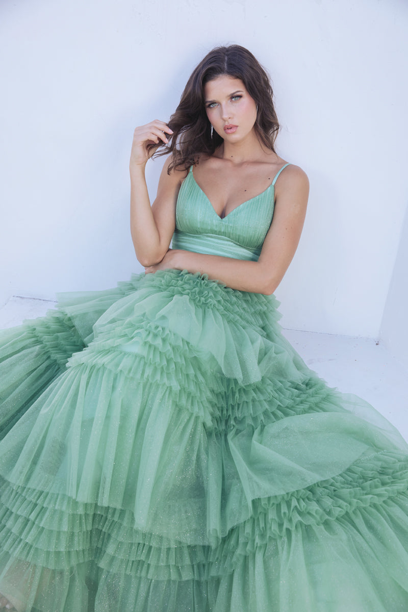 Prom Dresses Formal Ruffle A Line Long Prom Dress Eureka Fashion 9888 Sage