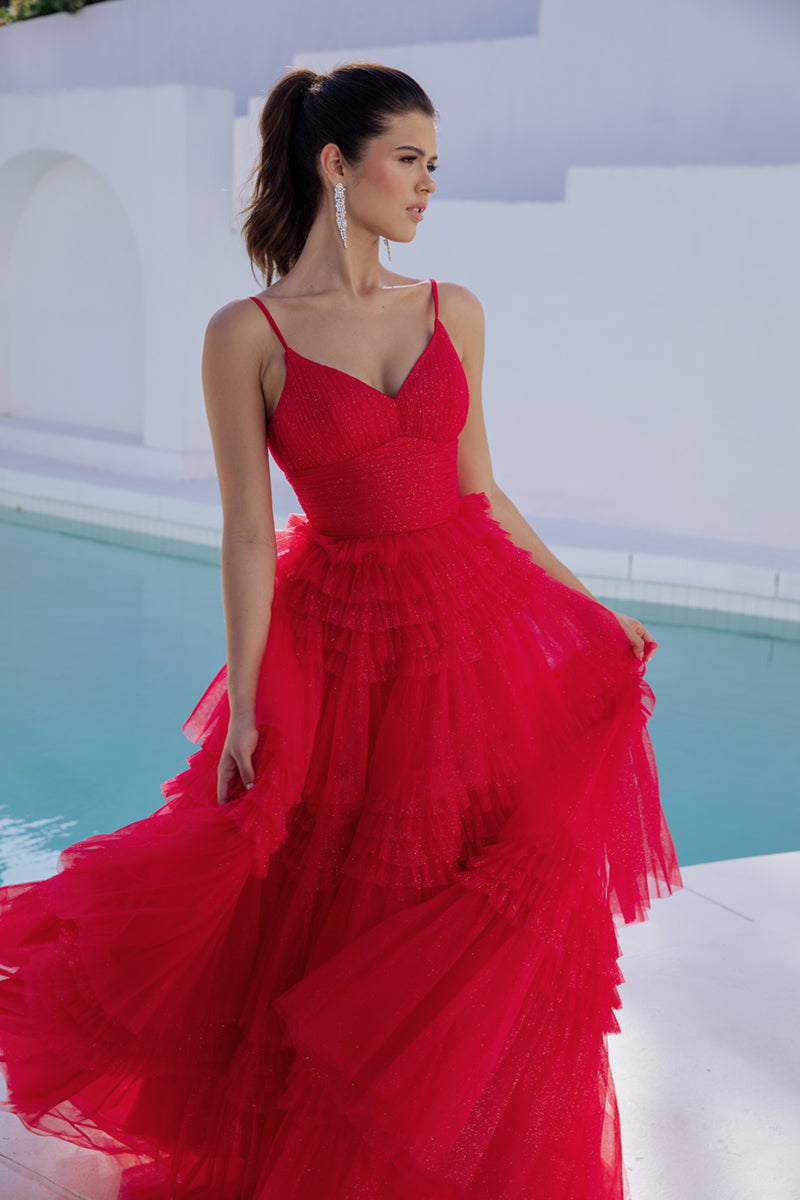 Prom Dresses Formal Ruffle A Line Long Prom Dress Eureka Fashion 9888 Red