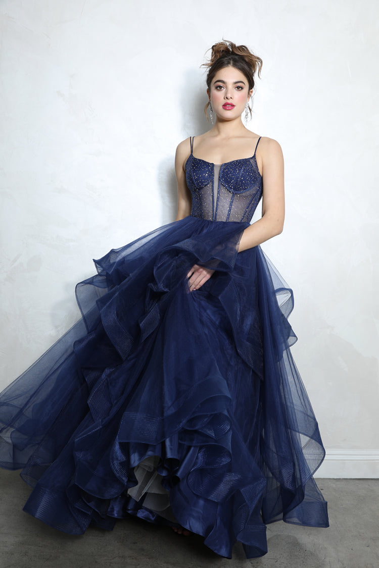 Prom Dresses Beaded Long Formal Ruffle Ball Gown Corset Prom Dress Eureka Fashion 9950 Navy