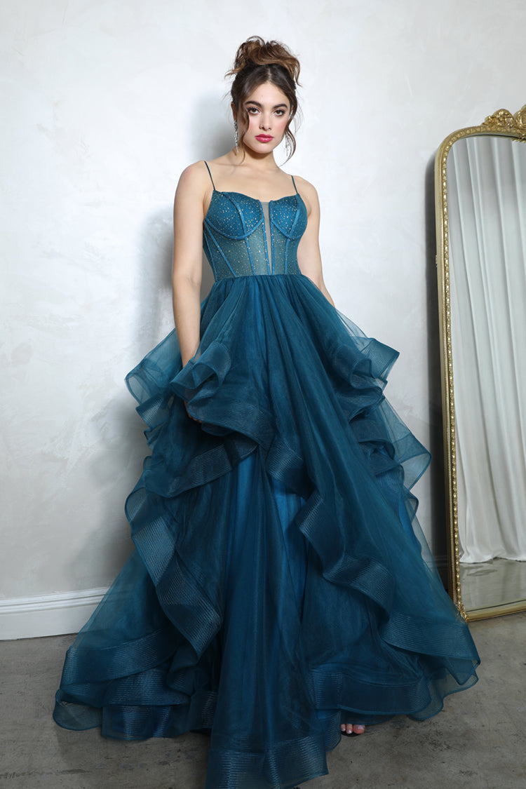 Prom Dresses Beaded Long Formal Ruffle Ball Gown Corset Prom Dress Eureka Fashion 9950 Teal