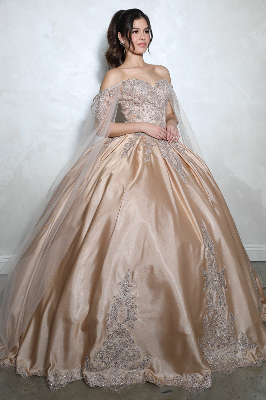 Quinceniera Dresses Long Formal Ball Gown Cape Quinceanera Dress Eureka Fashion EK1002 Champ/Gold