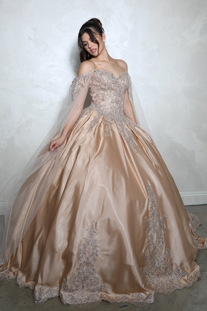 Quinceniera Dresses Long Formal Ball Gown Cape Quinceanera Dress Eureka Fashion EK1002 Champ/Gold