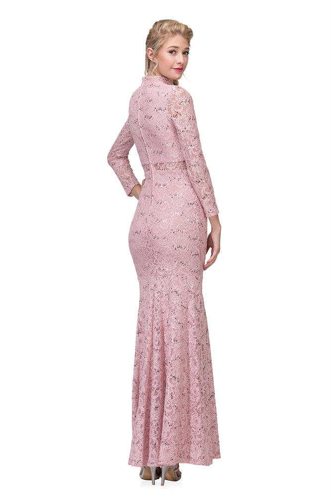 Formal Dresses Long Sleeve Lace Fitted Sequin Formal Dress Eureka Fashion 2095 Dusty Pink