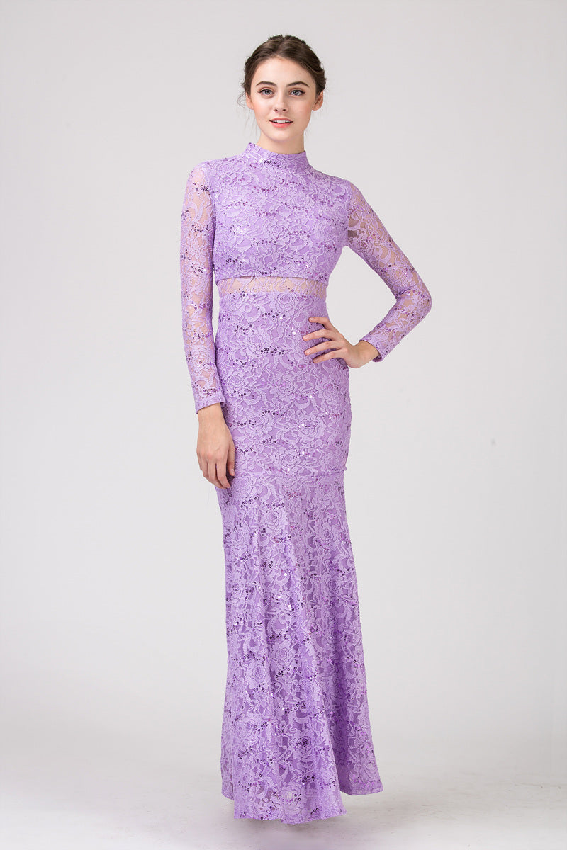 Formal Dresses Long Sleeve Lace Fitted Sequin Formal Dress Eureka Fashion 2095 Lilac
