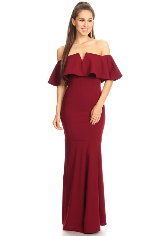 Burgundy Off-the-Shoulder Floor-Length Crepe Formal Ruffled Trumpet Gown Eureka Fashion 2102