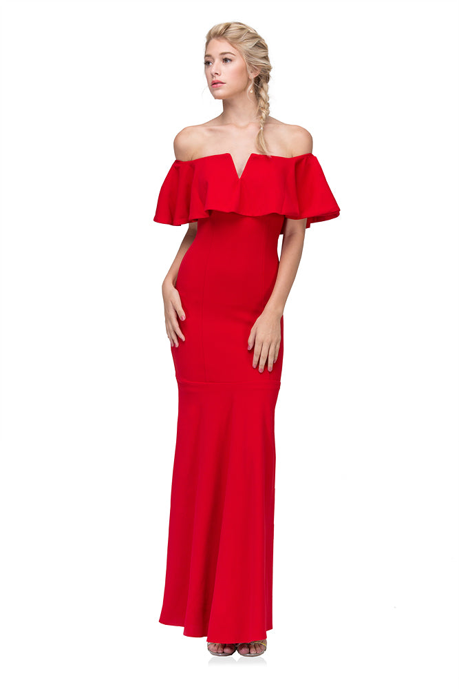 Red Off-the-Shoulder Floor-Length Crepe Formal Ruffled Trumpet Gown Eureka Fashion 2102