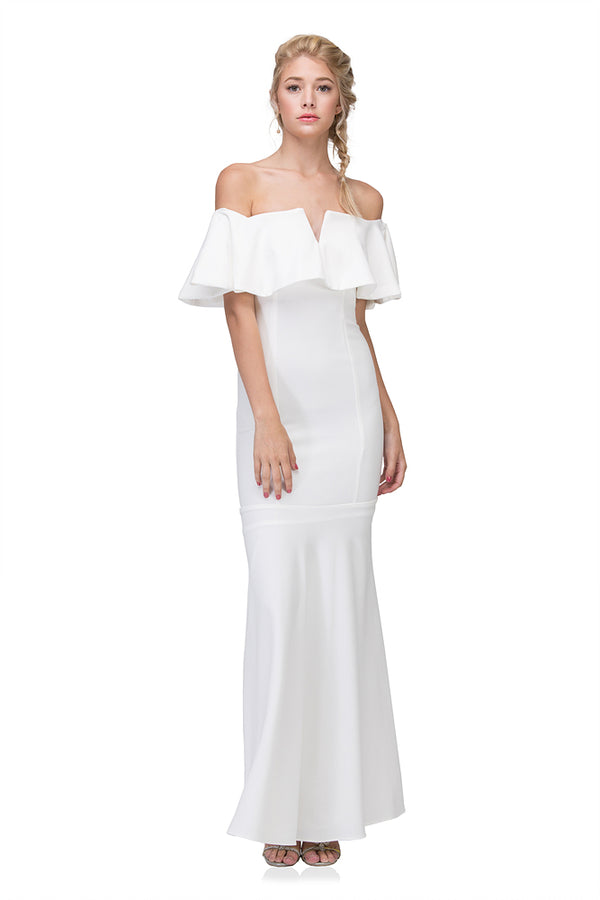 Off-the-Shoulder Floor-Length Crepe Ruffled Trumpet Bridal Wedding Gown Eureka Fashion 2102