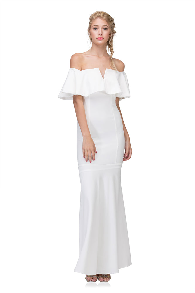 Off White Off-the-Shoulder Floor-Length Crepe Ruffled Trumpet Bridal Wedding Gown Eureka Fashion 2102