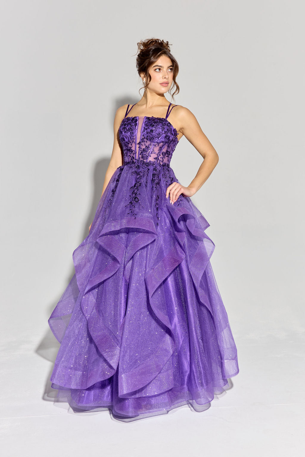 Purple Sweetheart Neck Floor-Length Glitter Tulle Prom Gown with Ruffled Skirt Eureka Fashion EK157