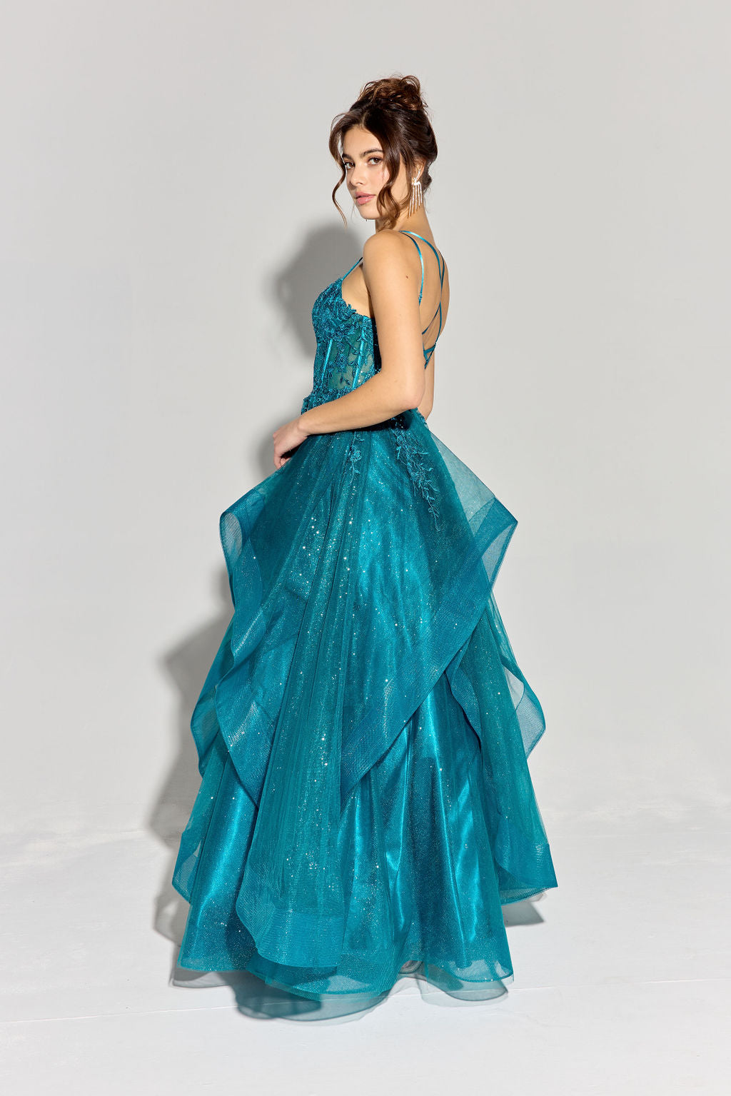 Teal Sweetheart Neck Floor-Length Glitter Tulle Prom Gown with Ruffled Skirt Eureka Fashion EK157