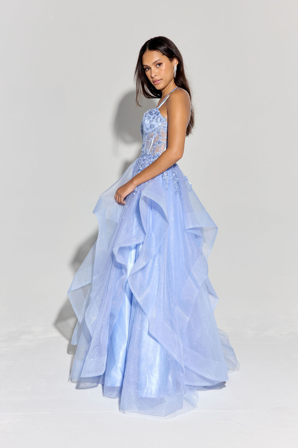 Periwinkle Sweetheart Neck Floor-Length Glitter Tulle Prom Gown with Ruffled Skirt Eureka Fashion EK157