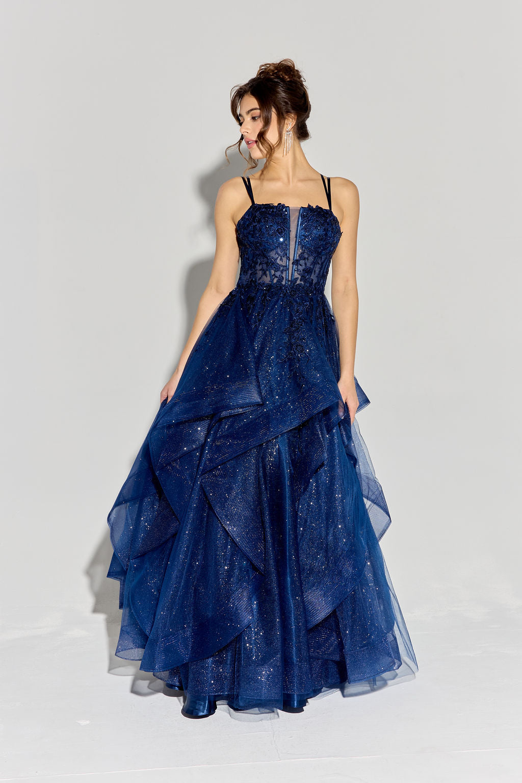 Navy Sweetheart Neck Floor-Length Glitter Tulle Prom Gown with Ruffled Skirt Eureka Fashion EK157