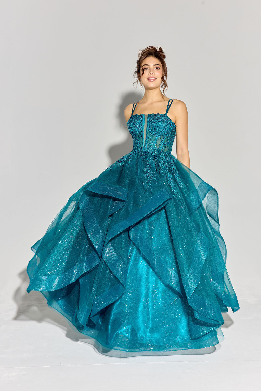 Teal Sweetheart Neck Floor-Length Glitter Tulle Prom Gown with Ruffled Skirt Eureka Fashion EK157