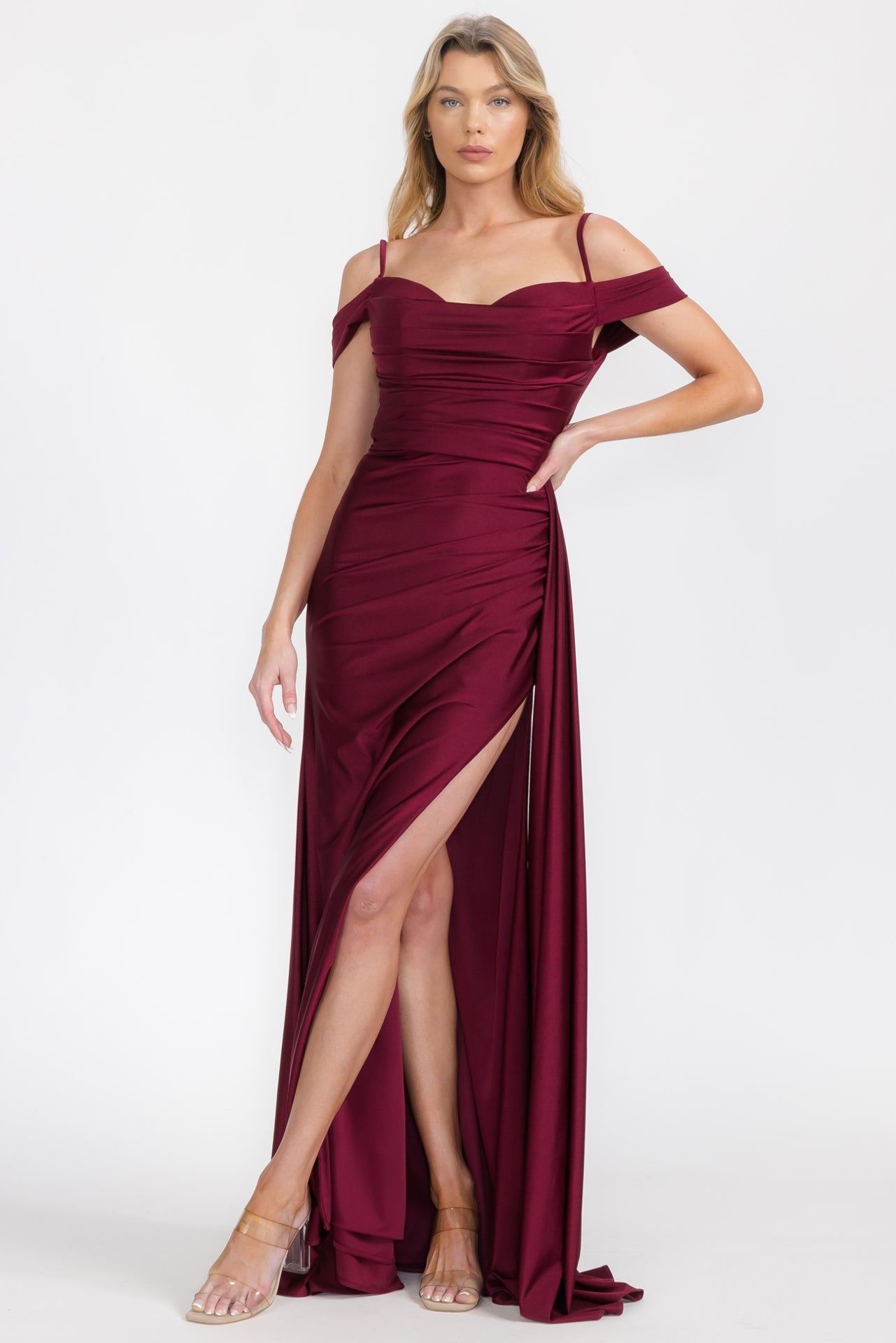 Prom Dresses Fitted Slit Long Formal Prom Dress Eureka Fashion EK117 Burgundy
