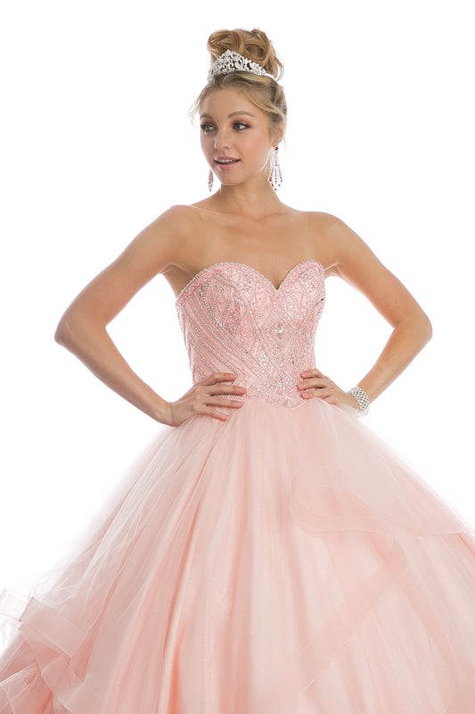 Quinceniera Dresses Glitter Long Beaded Ball Gown Quinceanera Dress Juliet JT1424 Blush