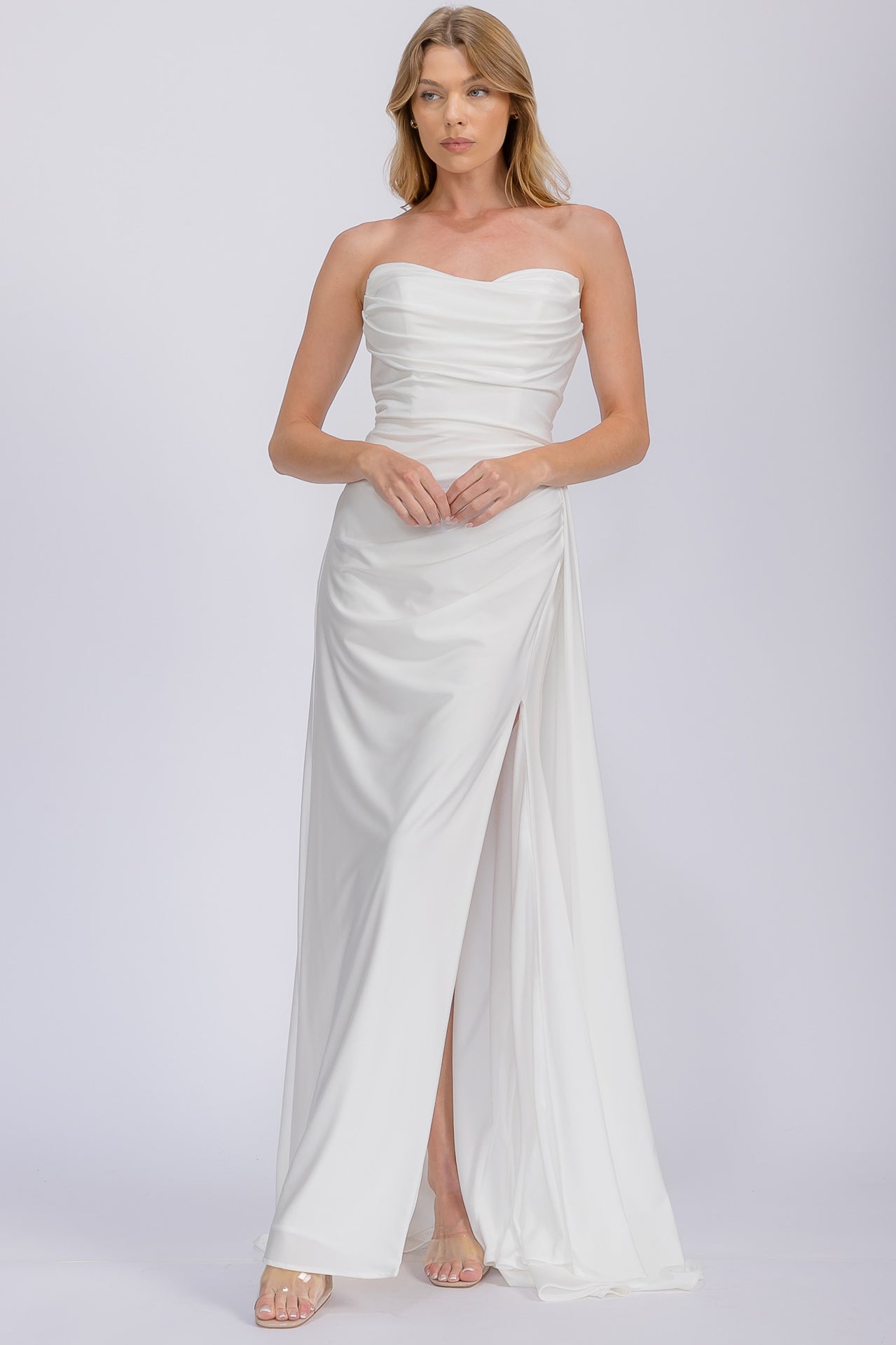 Off White Strapless Floor-Length Jersey Side Train Bridal Gown Eureka Fashion EK178