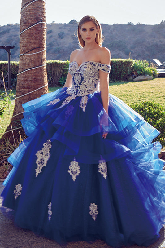 Quinceniera Dresses Long Metallic Glitter Quinceanera Dress Juliet JT1432 Royal Blue
