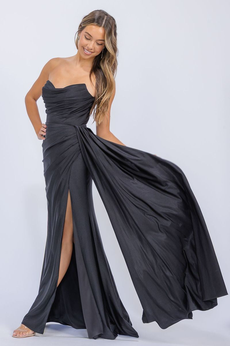 Black Strapless Floor-Length Jersey Formal Side Train Gown Eureka Fashion EK178