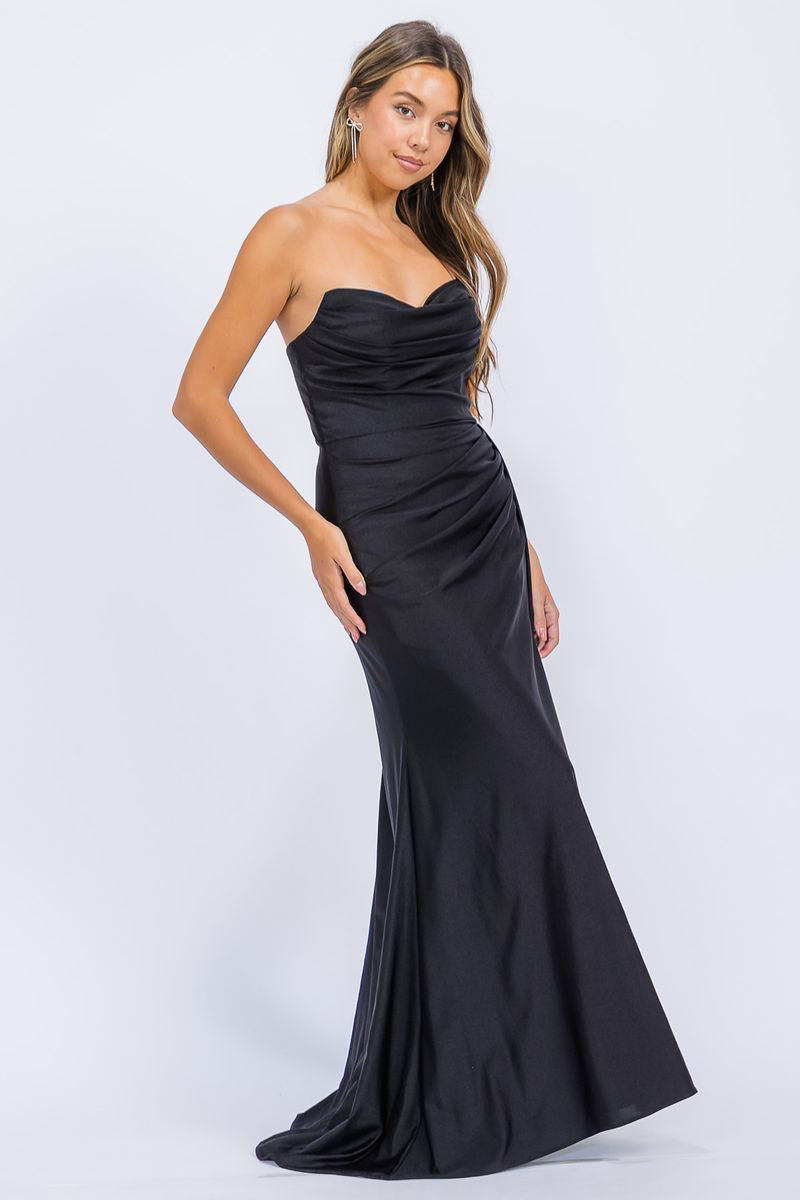 Black Strapless Floor-Length Jersey Formal Side Train Gown Eureka Fashion EK178
