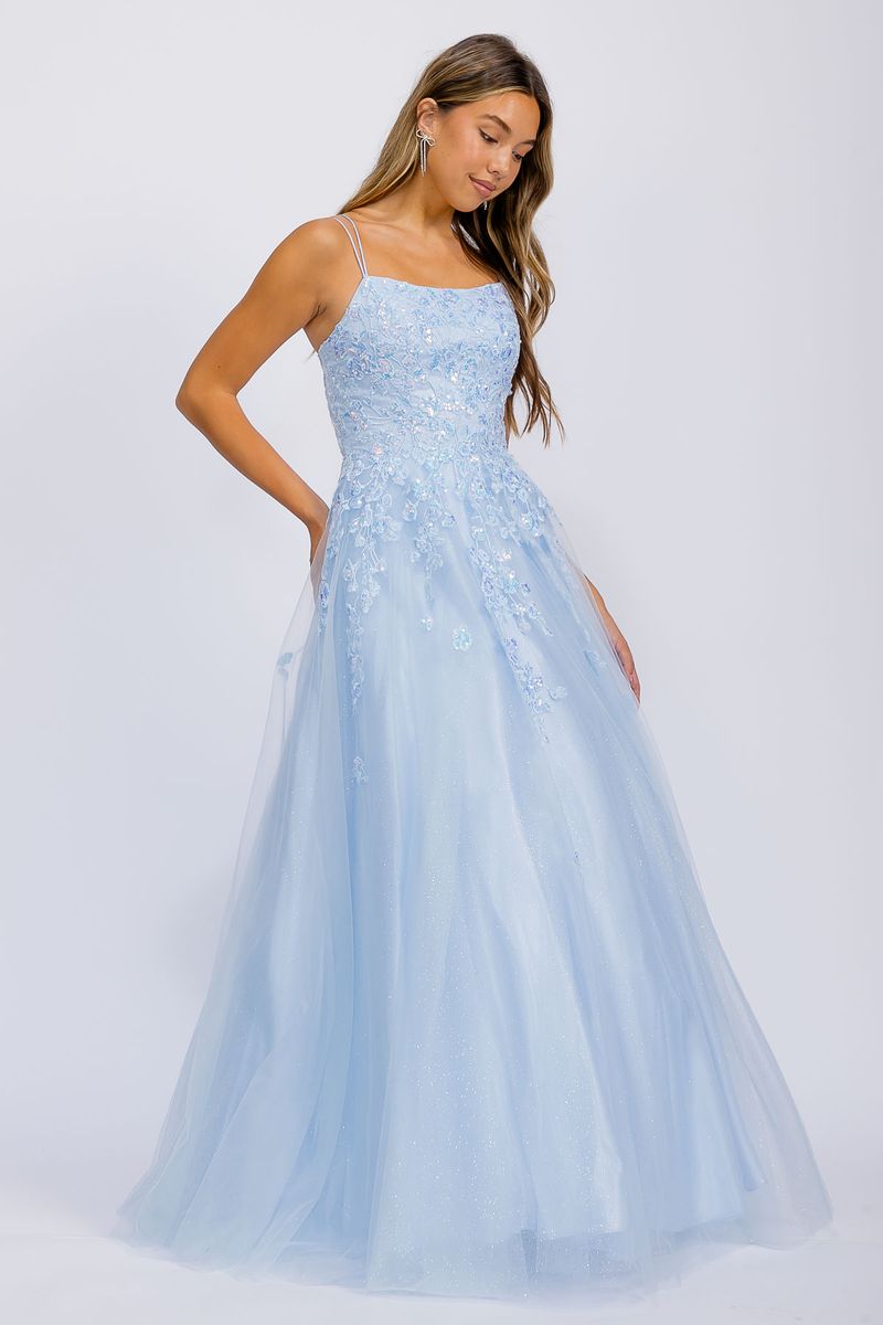 Bahama Blue Square Neck Floor-Length Glitter Tulle Prom Dress with Floral Appliqués Eureka Fashion EK197