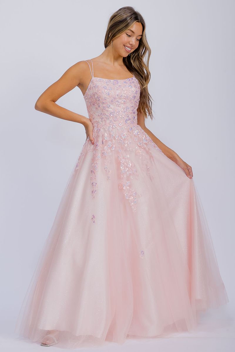 Pink Square Neck Floor-Length Glitter Tulle Prom Dress with Floral Appliqués Eureka Fashion EK197