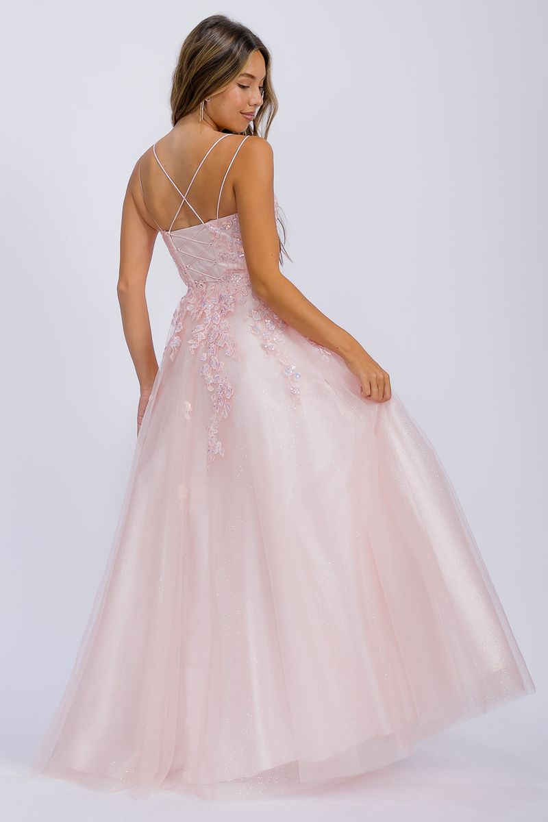 Pink Square Neck Floor-Length Glitter Tulle Prom Dress with Floral Appliqués Eureka Fashion EK197
