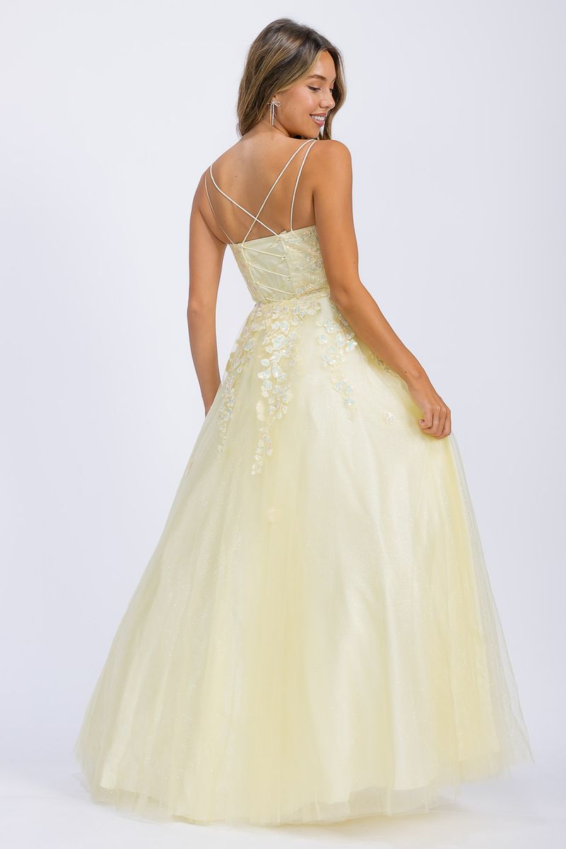 Soft Yellow Square Neck Floor-Length Glitter Tulle Prom Dress with Floral Appliqués Eureka Fashion EK197