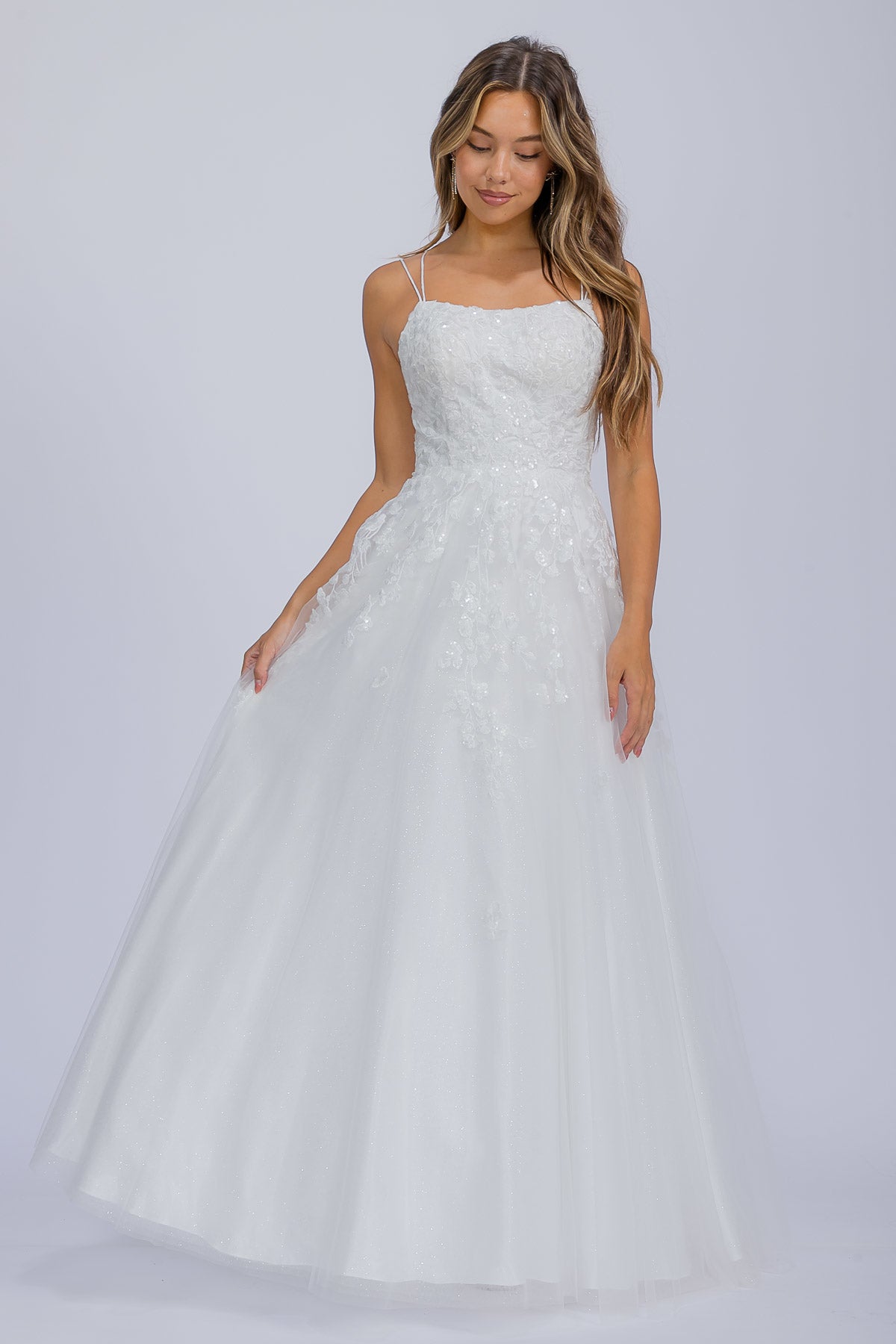 Off White Square Neck Floor-Length Glitter Tulle Wedding Dress with Floral Appliqués Eureka Fashion EK197