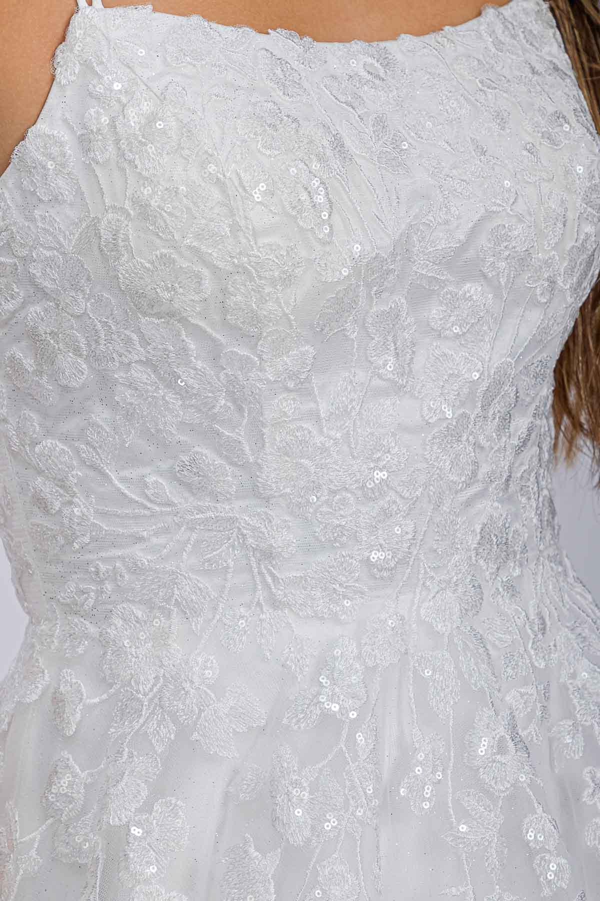 Off White Square Neck Floor-Length Glitter Tulle Wedding Dress with Floral Appliqués Eureka Fashion EK197