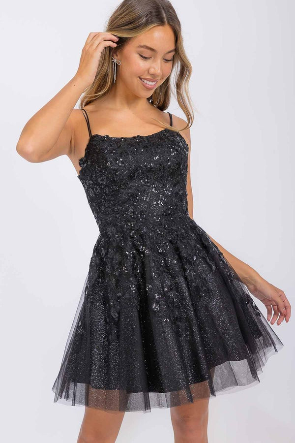 Square Neck Mini Tulle Short Prom Dress with Floral Appliqué and Sequin Accents Eureka Fashion EK127