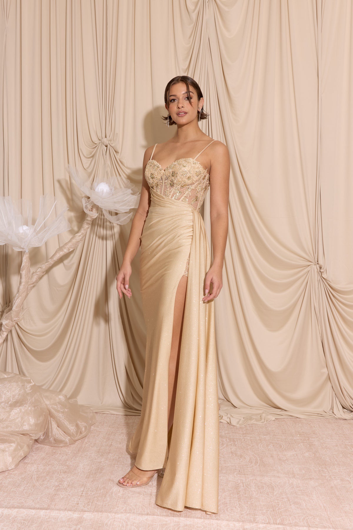 Champagne Sweetheart Floor-Length Satin Prom Dress with Lace Corset Bodice and Slit Eureka Fashion EK166