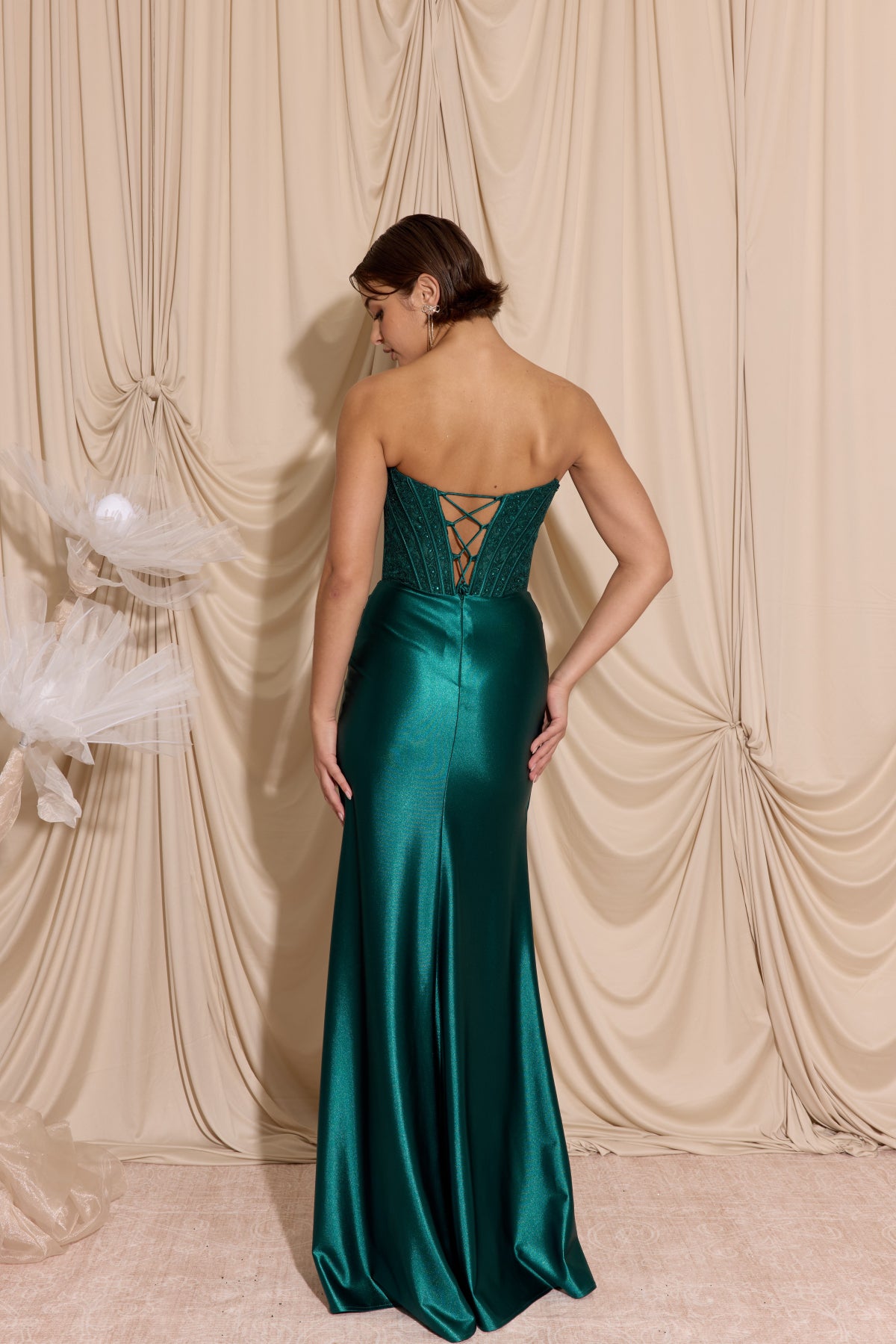 Emerald Green Strapless Floor-Length Satin Prom Lace Corset Gown Eureka Fashion EK193
