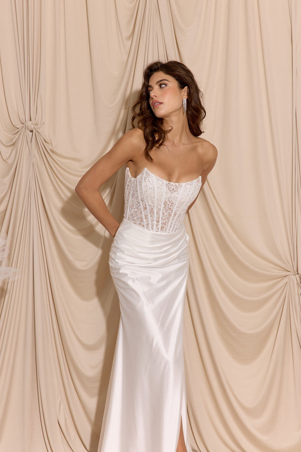 Strapless Floor-Length Satin Wedding Lace Corset Bridal Gown Eureka Fashion EK193