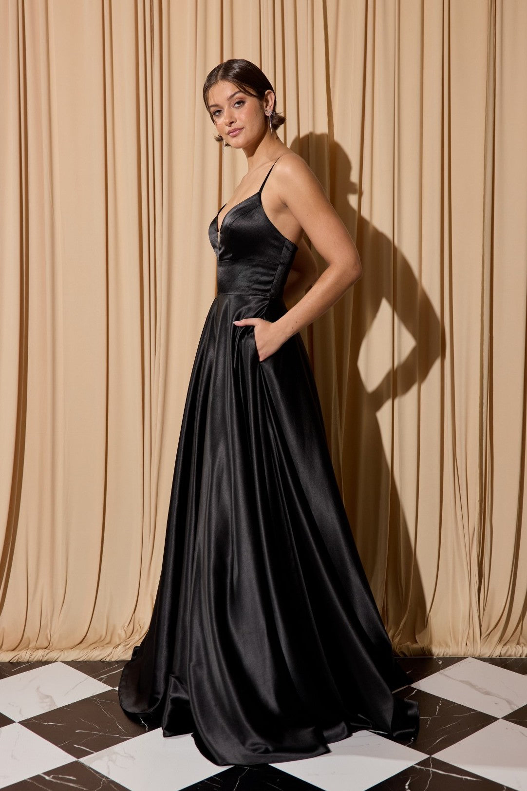 Black V-Neck Floor-Length Satin Prom Ball Gown with Pockets Eureka Fashion EK190