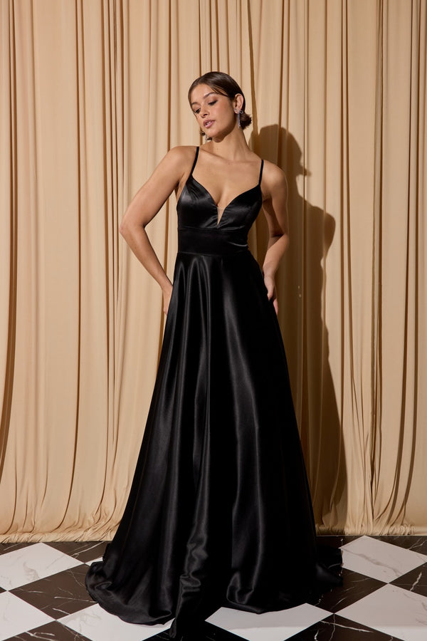 V-Neck Floor-Length Satin Prom Ball Gown with Pockets Eureka Fashion EK190
