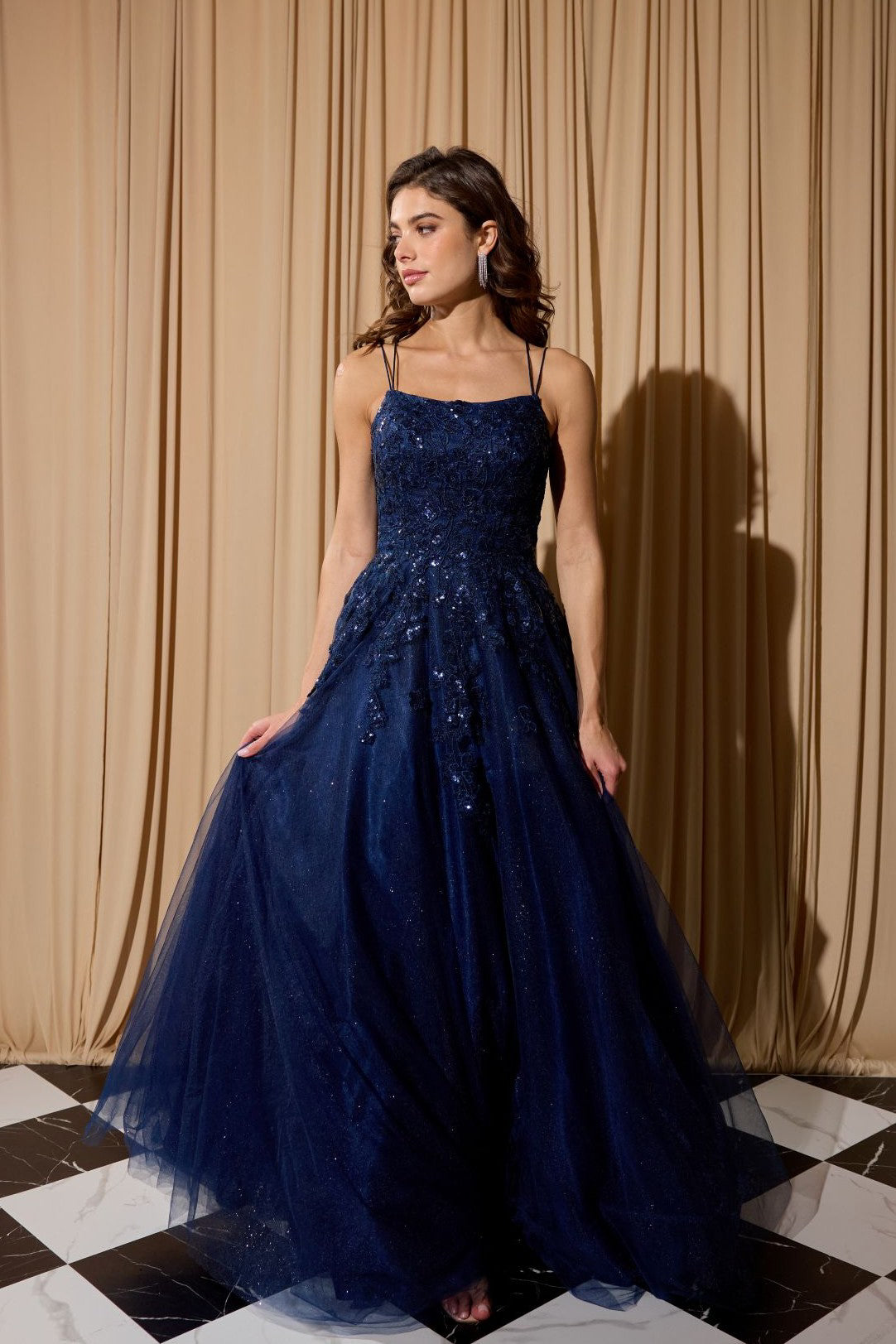 Navy Square Neck Floor-Length Glitter Tulle Prom Dress with Floral Appliqués Eureka Fashion EK197