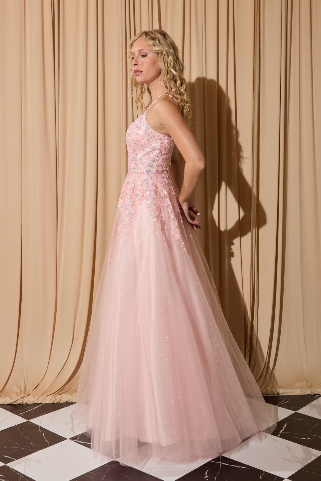 Pink Square Neck Floor-Length Glitter Tulle Prom Dress with Floral Appliqués Eureka Fashion EK197